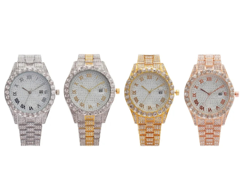 Hot Sale Four Different Colors Alloy with Bling Rhinestone Hip Hop Roman Scale & Calendar Iced Out Quartz Watch