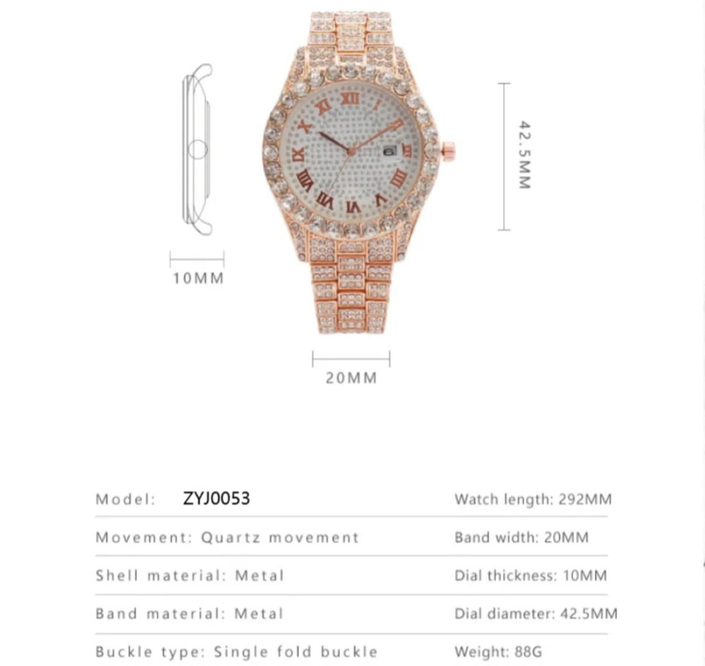 Hot Sale Four Different Colors Alloy with Bling Rhinestone Hip Hop Roman Scale & Calendar Iced Out Quartz Watch