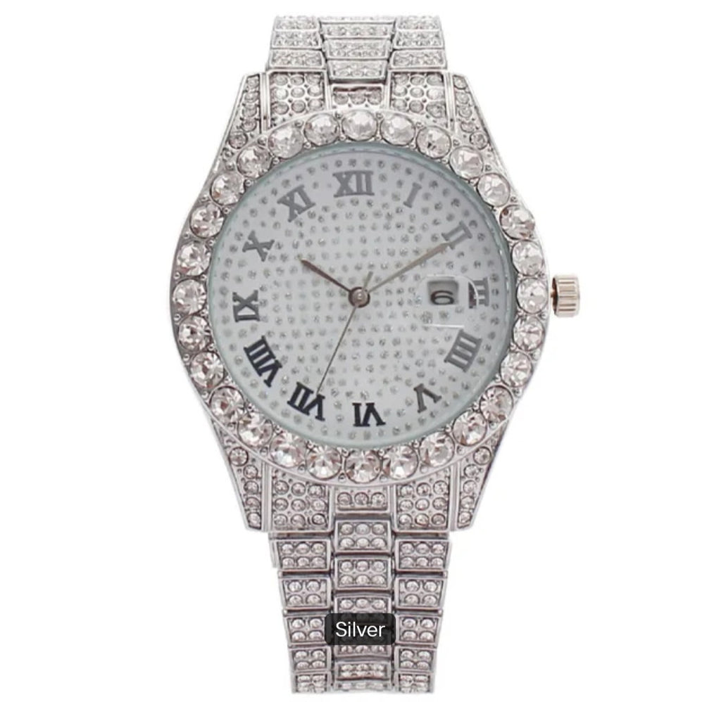 Hot Sale Four Different Colors Alloy with Bling Rhinestone Hip Hop Roman Scale & Calendar Iced Out Quartz Watch