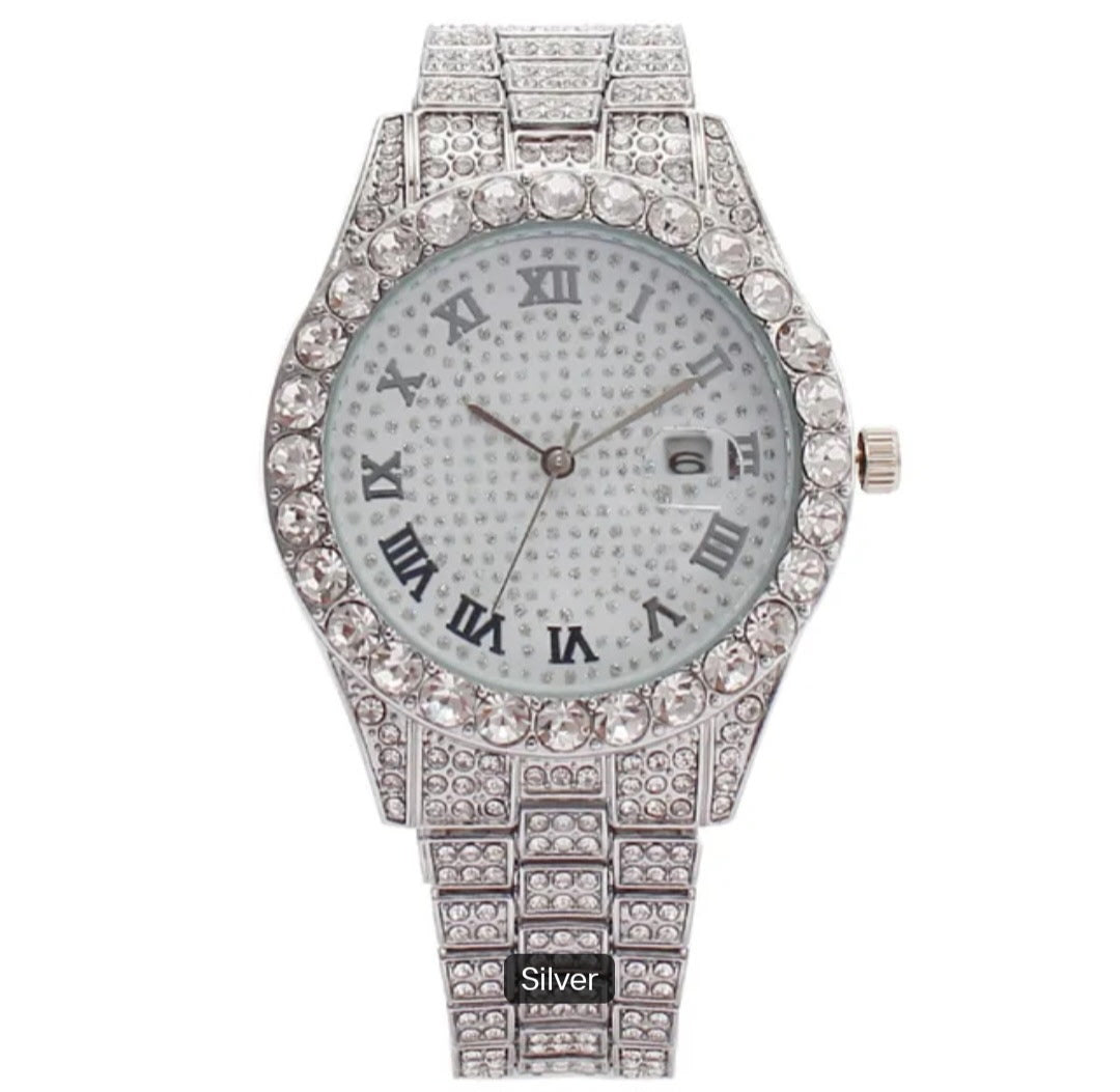 Hot Sale Four Different Colors Alloy with Bling Rhinestone Hip Hop Roman Scale & Calendar Iced Out Quartz Watch