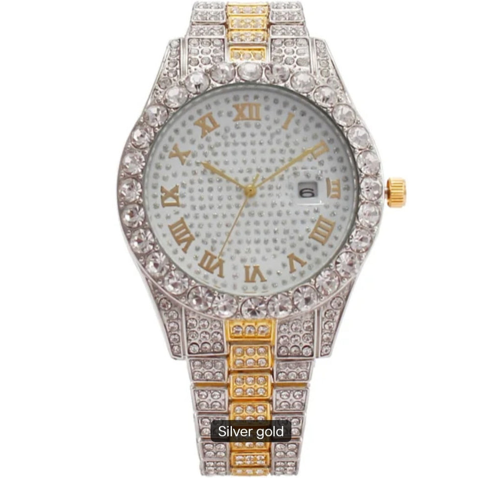 Hot Sale Four Different Colors Alloy with Bling Rhinestone Hip Hop Roman Scale & Calendar Iced Out Quartz Watch