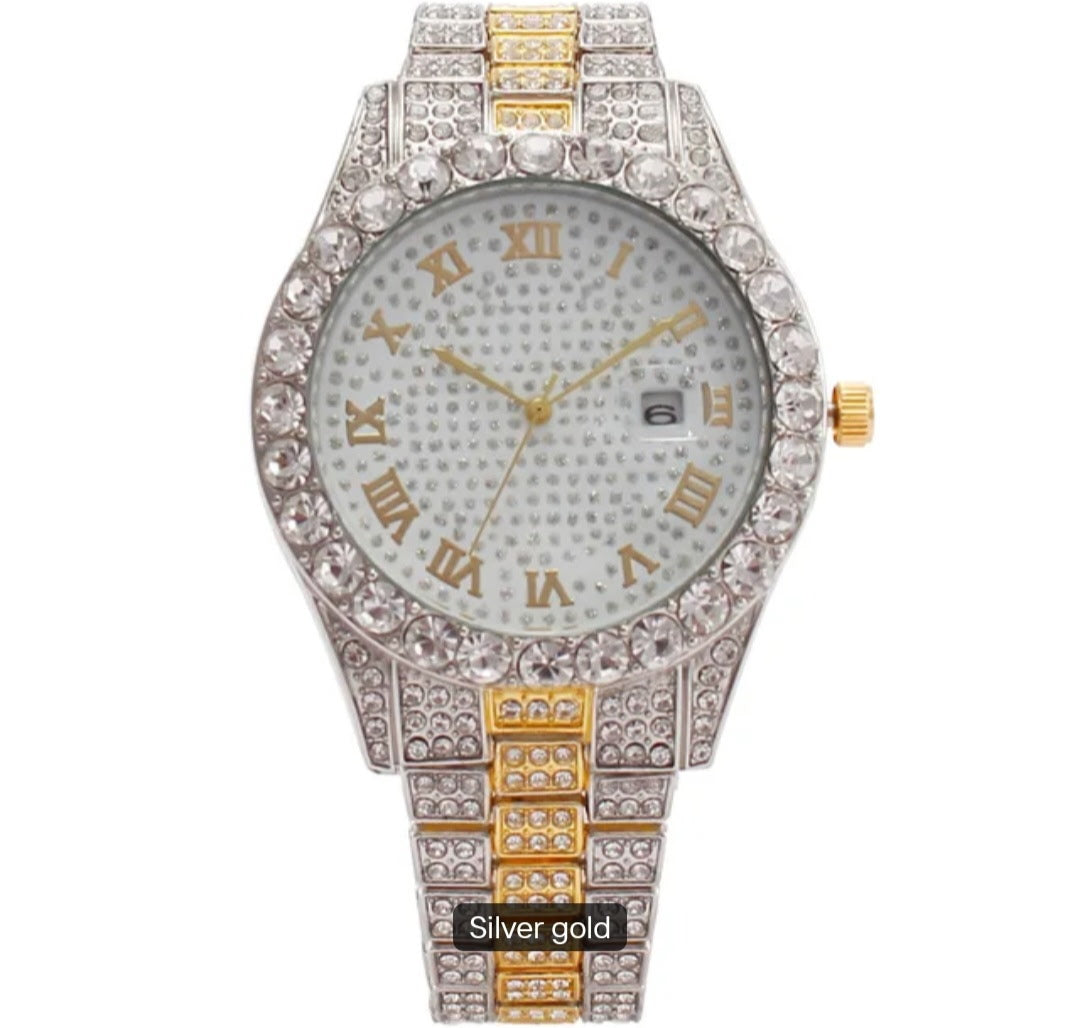 Hot Sale Four Different Colors Alloy with Bling Rhinestone Hip Hop Roman Scale & Calendar Iced Out Quartz Watch
