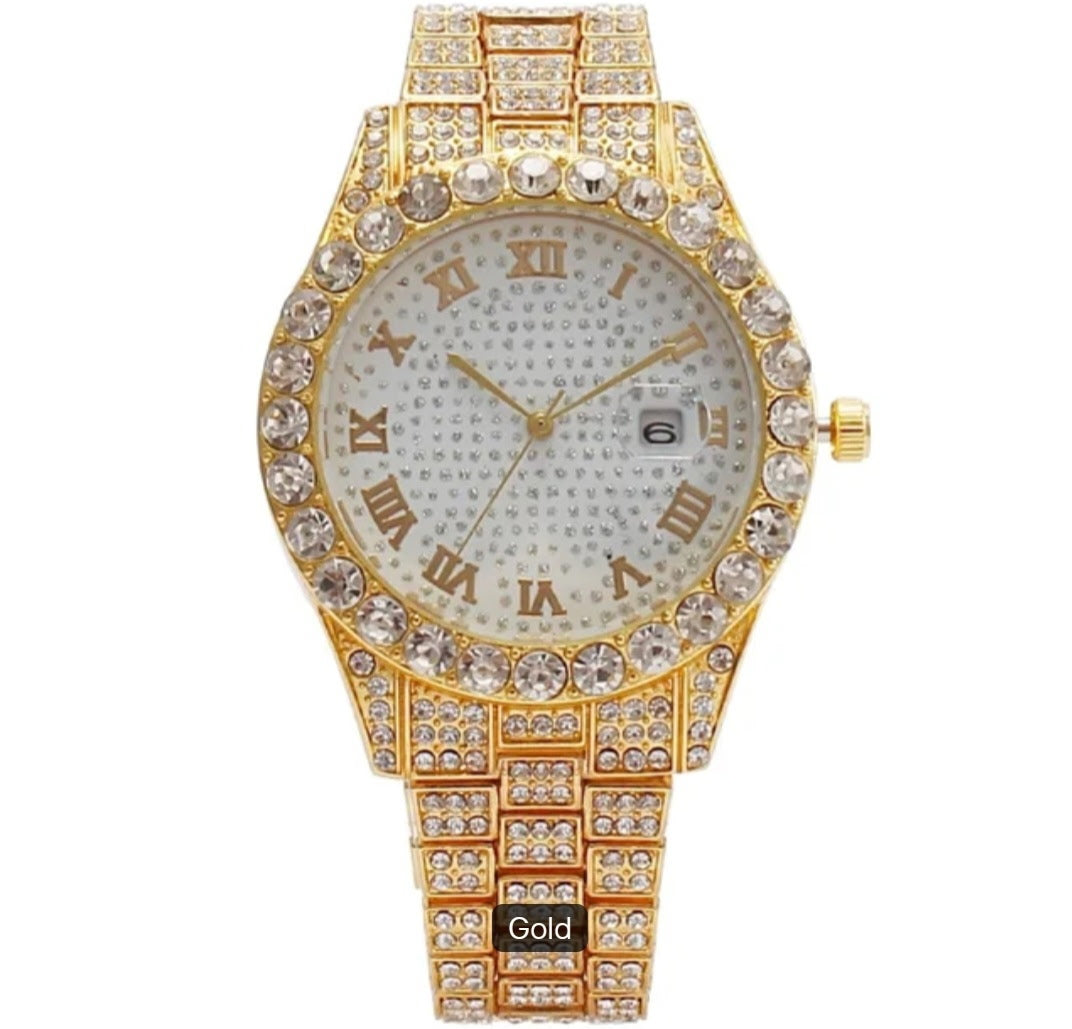 Hot Sale Four Different Colors Alloy with Bling Rhinestone Hip Hop Roman Scale & Calendar Iced Out Quartz Watch