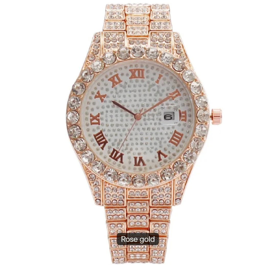 Hot Sale Four Different Colors Alloy with Bling Rhinestone Hip Hop Roman Scale & Calendar Iced Out Quartz Watch